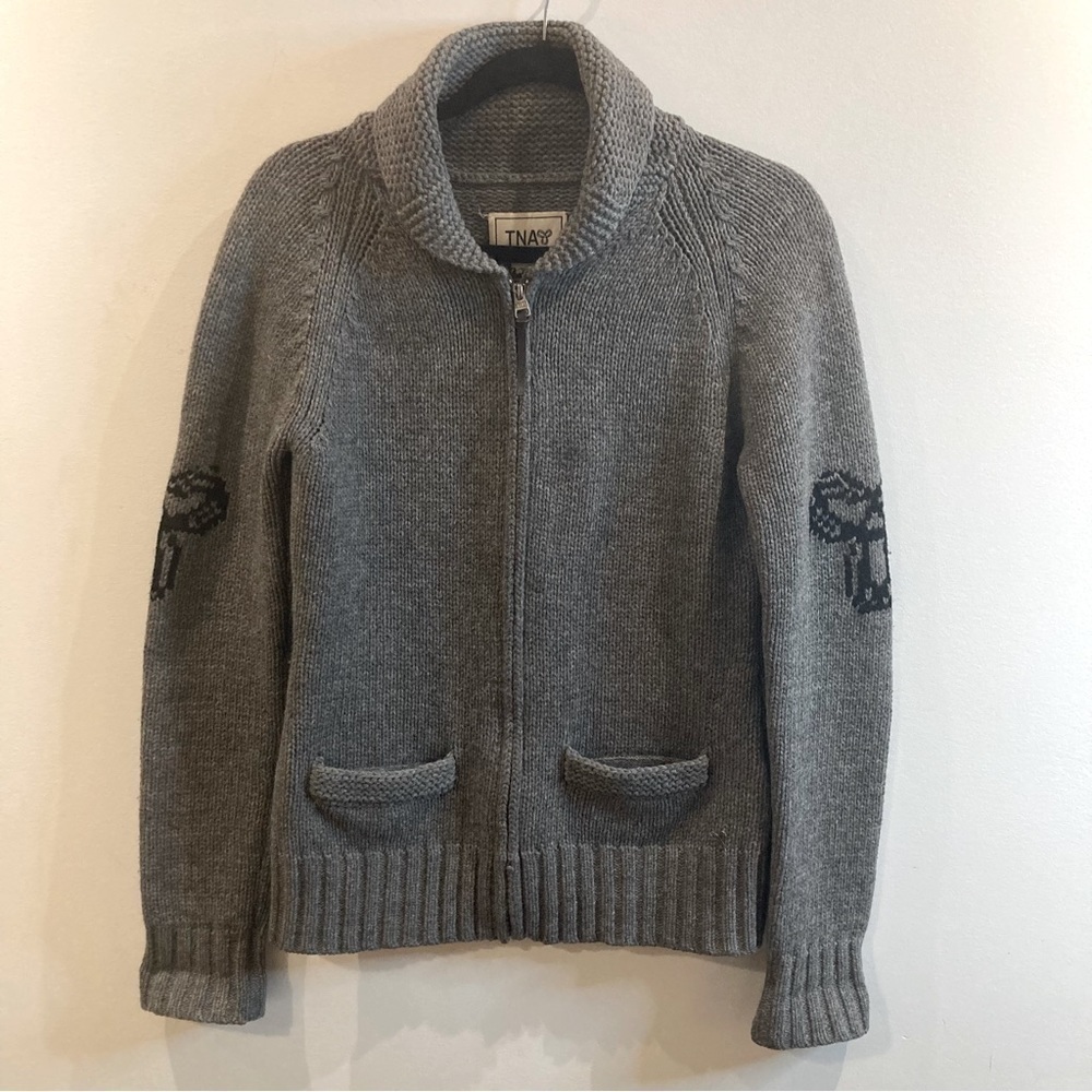 TNA Sz M 100% Lambswool Pockets Unique Colour Owl On The Back Zipper Cardigan